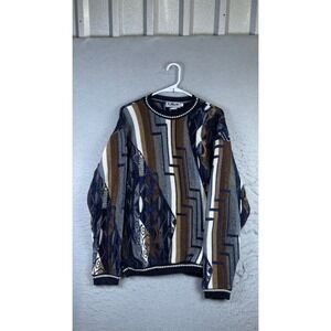 Lavane Sweater Mens LG Blue Brown Excellent Vintage 3D Knit Geometric Abstract